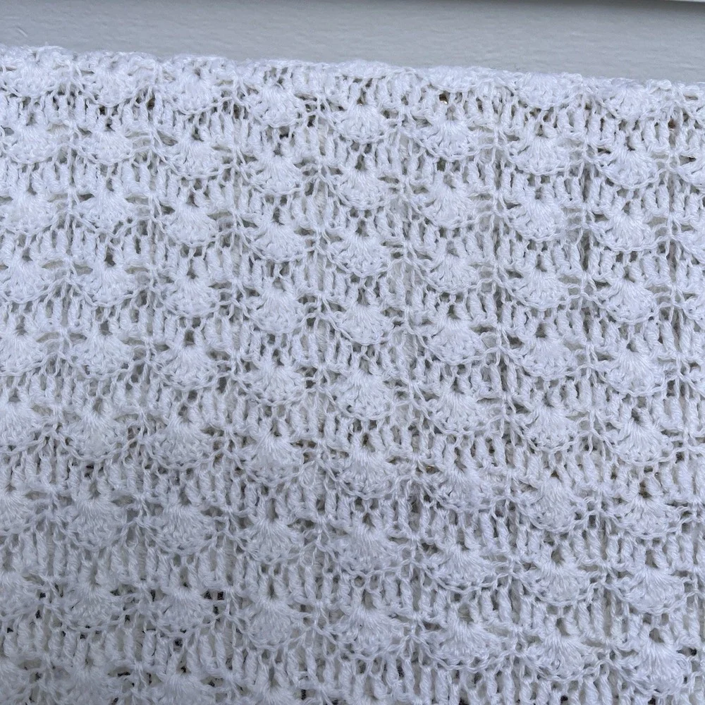 Baby Crochet White Beautiful Blanket With Blue Satin Ribbon Trim, Unused 42